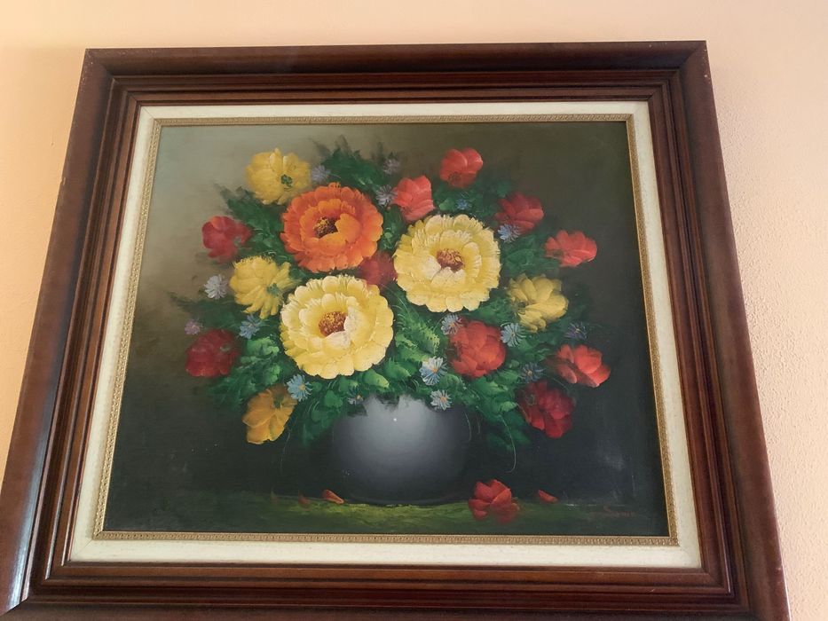 Quadro Óleo sobre Tela "Natureza-Morta Floral" - Moldura Clássica  (70x78 cm)