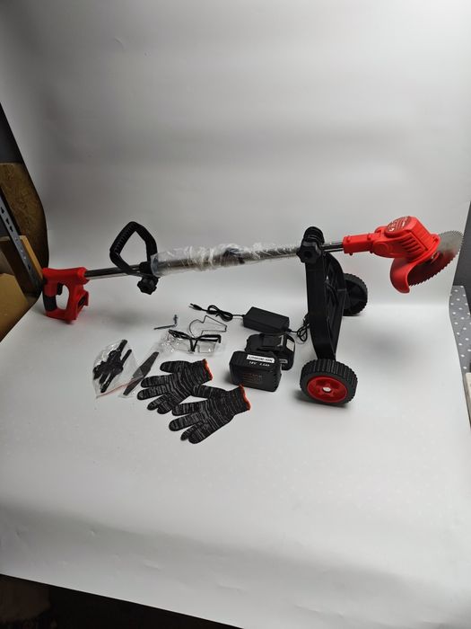 Podkaszarka na baterie 2 x 5,5 Ah, z kółkami + tarcza do krzewów