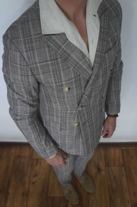 Dwurzędowy garnitur Zara w kratę – Brązowy i szary | Rozmiar 46