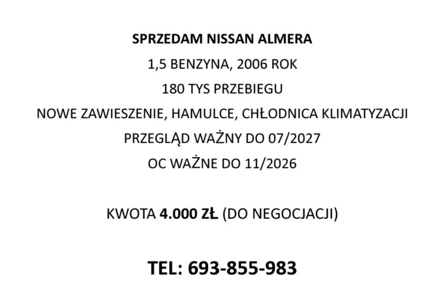 Nissan Almera 1,5 benzyna 2006 rok