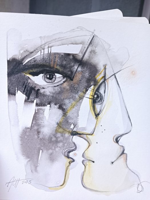 He and She akwarela szkic rysunek tuszem oryginał kwadrat chaber art