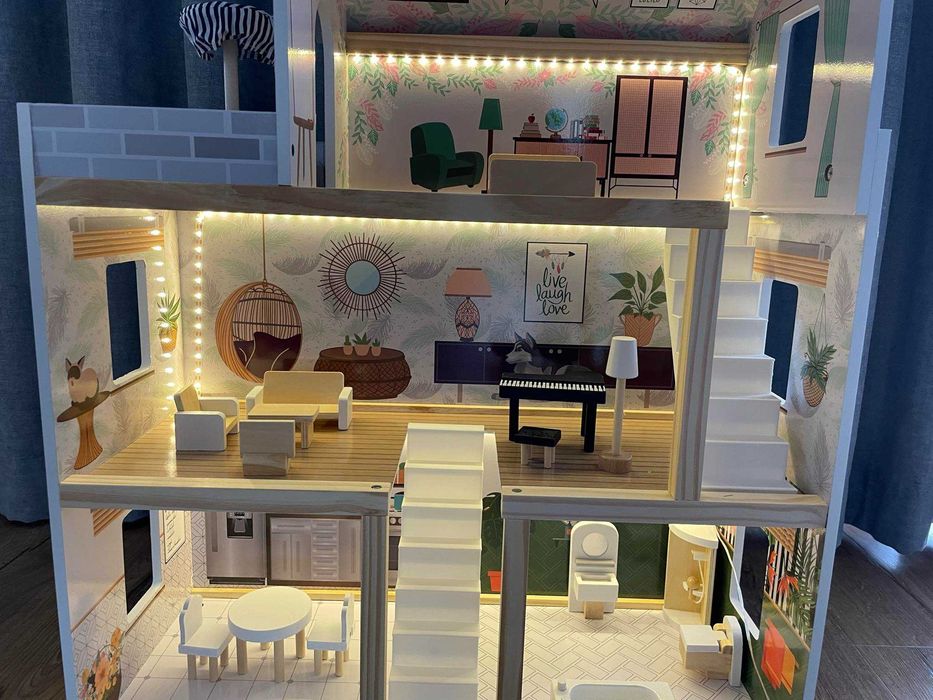 NOWY Domek dla lalek drewniany + mebelki 78cm oświetlenie LED