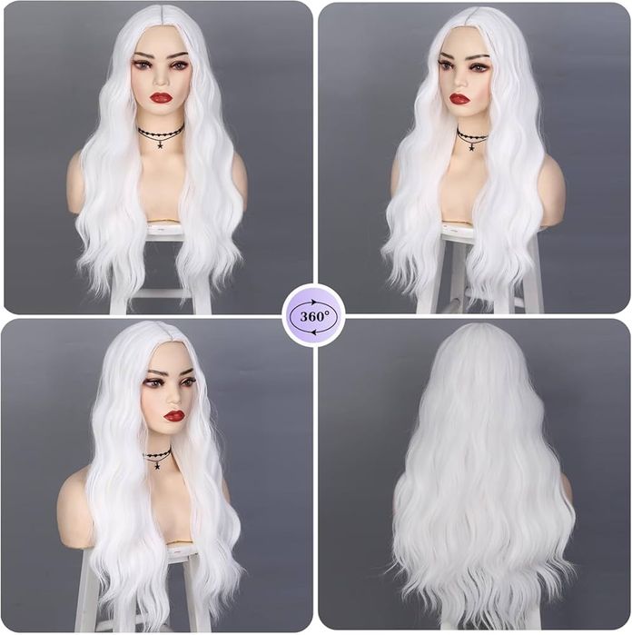 PORSMEER Biała peruka, długie falowane włosy, długość 75cm