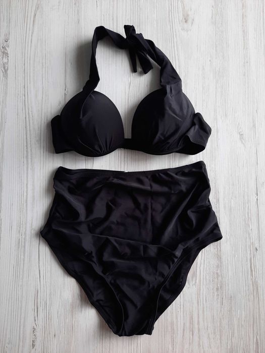 Черный купальник высокие трусики с высокими трусиками твердая чашка М