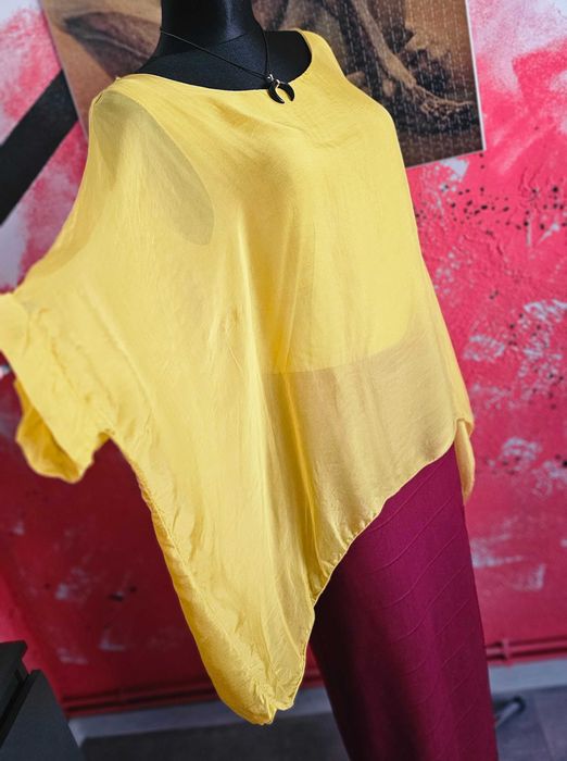 Żółta Musztardowa bluzka oversize nietoperz jak jedwab