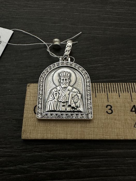 Серебряная ладанка Николай Угодник, Святой Николай и шелковый шнурок