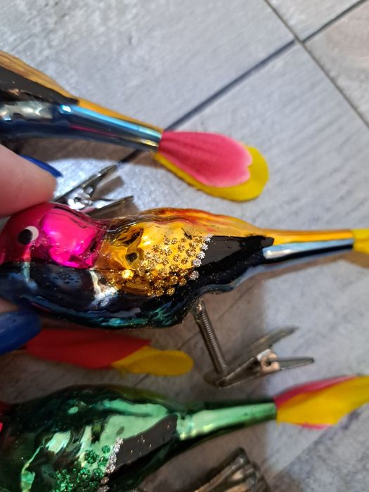 Bombki szklane ptaszki na klipsie unikat retro styl prl