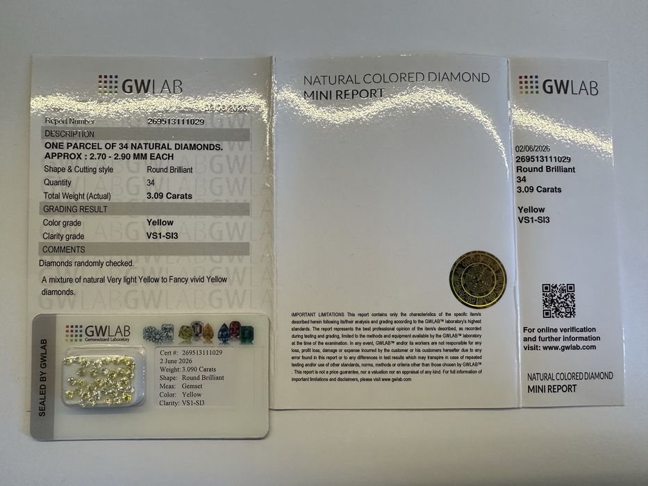 Diamenty NATURALNE 34 szt. – 3,09 ct, okrągły szlif, certyfikat GWLAB