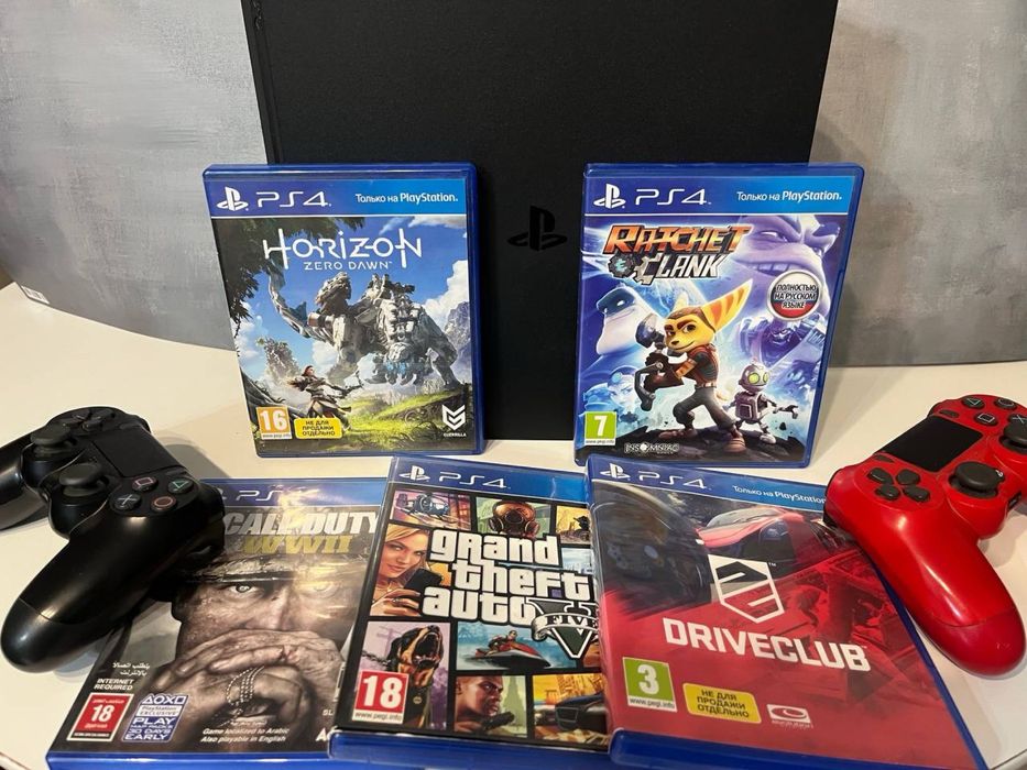Ps 4 slim 500gb, 2 оригинальных геймпада, и 5 игр