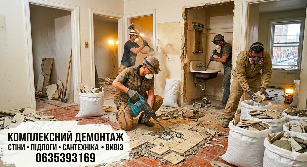 Демонтажные работы в квартирах под ключ с вывозом мусора. Демонтаж плитки, перегородок і стяжки. Демонтажні роботи в Києві та області.