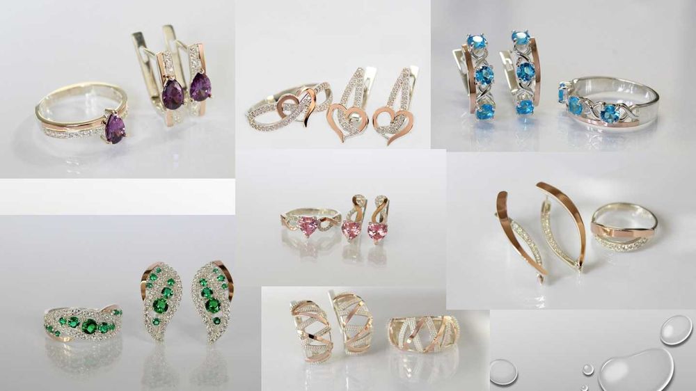 Срібні прикраси з золотом Каблучки Серебряные украшения Сережки Кольца