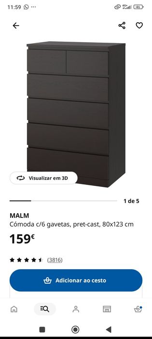 Cómoda com 6 gavetas, pret-cast, 80x123cm