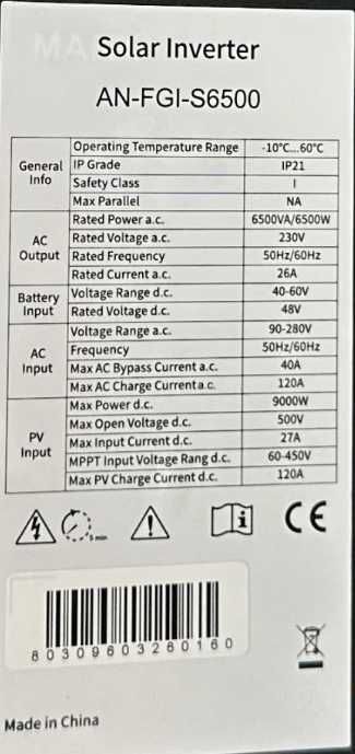 Гібридний інвертор Anern FGI-S 6500W 48V (Чистий синус) Новий