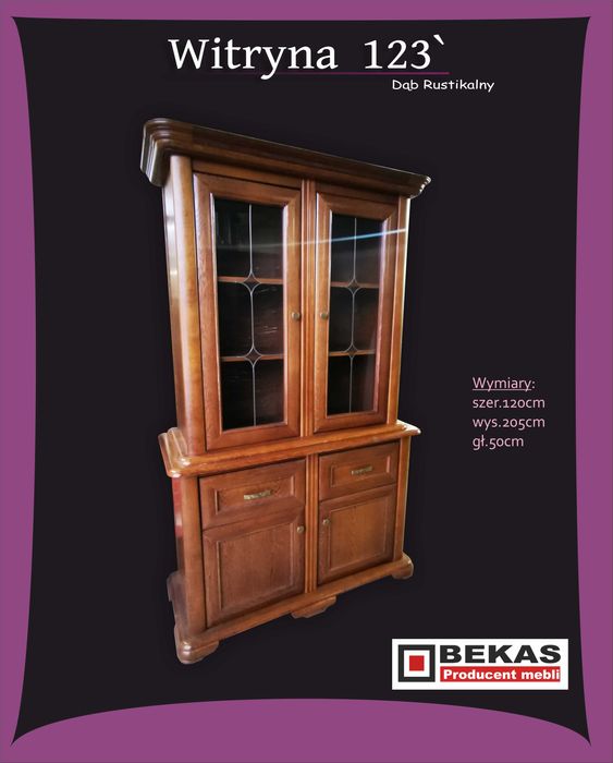 Prześliczna Witryna 120` Dąb Rustikal Dębowy  Producent BEKAS Meble