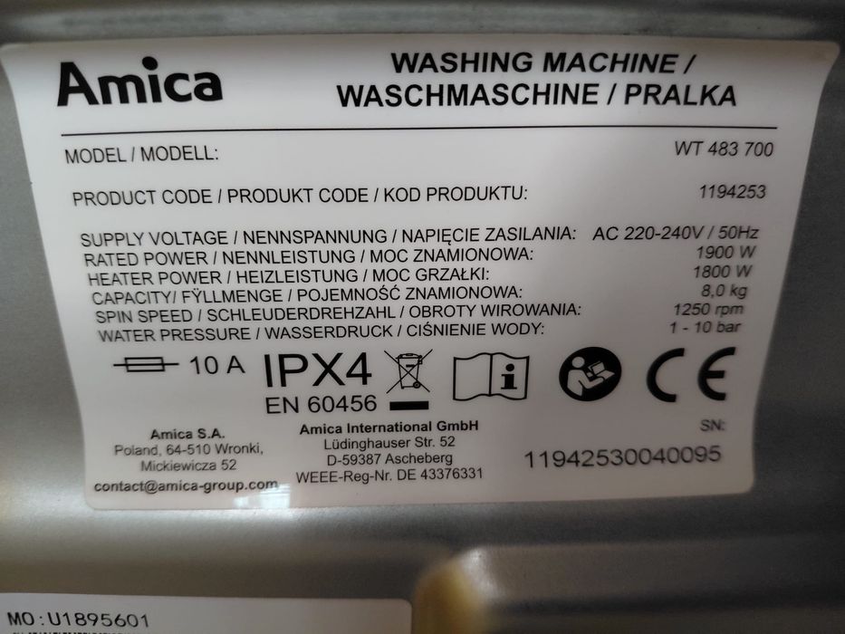 Amica pralka wsad od góry nowa powystawowa