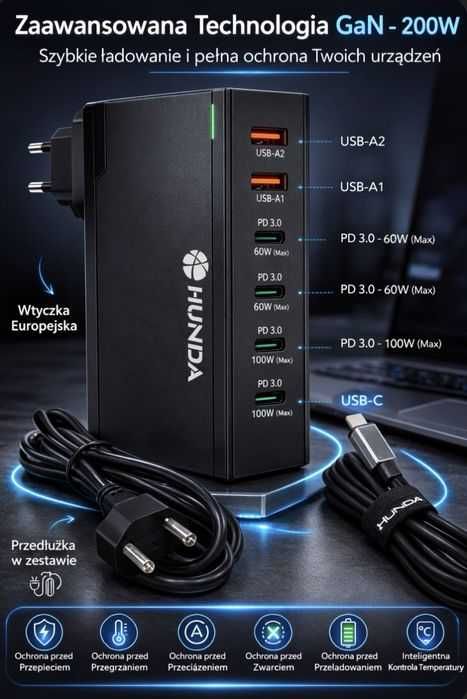Ładowarka sieciowa USB-C 200W GaN stacja ładująca Macbook iPhone iPad