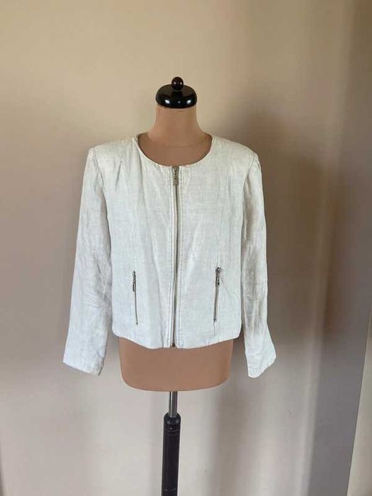 Len linien żakiet marynarka blazer ramoneska krem ecru xxl +size