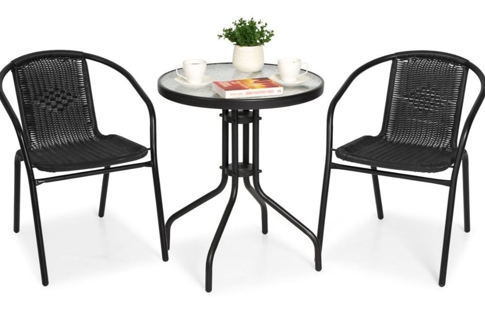 NOWE! STOLIK balkonowy BISTRO i dwa krzesła ogrodowe ratan CZARNE