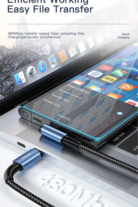 Міцний Кабель 90 градусів 1м Essager Type-C-Type-C 100W Швидка зарядка