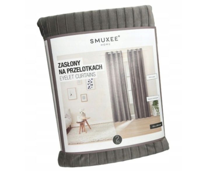 Komplet zasłon na przelotkach Smukee 135 cm x 250 cm Velvet szary pask