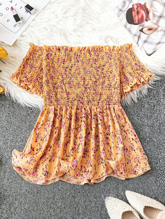 Bluzka Boho Z Odkrytymi Ramionami W Kwiaty Elastyczny Dekolt 3Xl 46