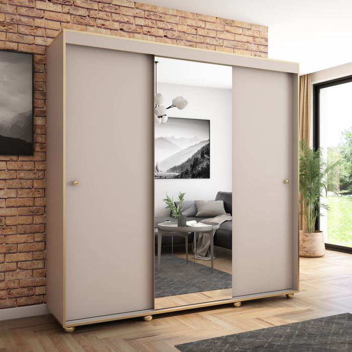 Szafa przesuwna Porto 205 z lustrem, Kaszmir, Złote uchwyty