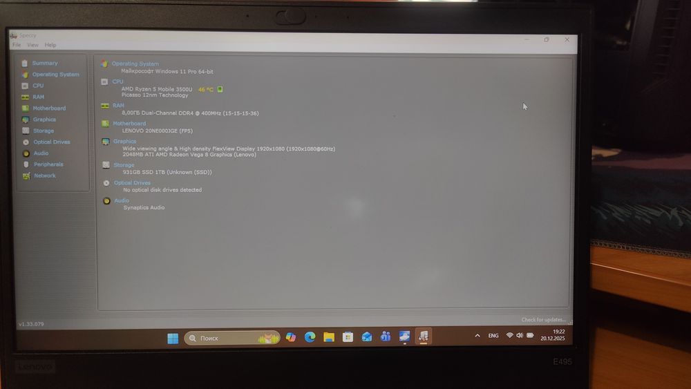 Ноутбук Lenovo ThinkPad E495/Ryzen 5 Pro 3500U/8DDR4/1TB M2/14"/FHD/IP