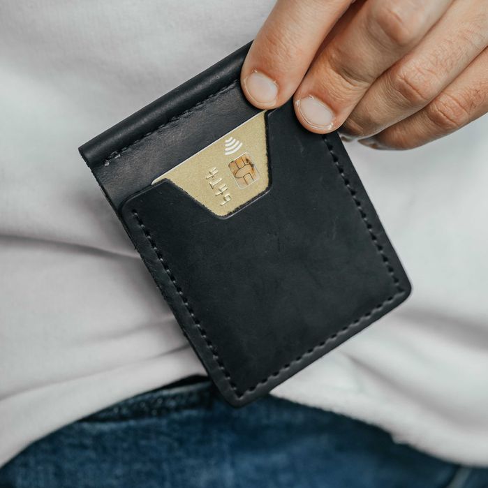 Чоловічий затискач для грошей шкіряний чорний