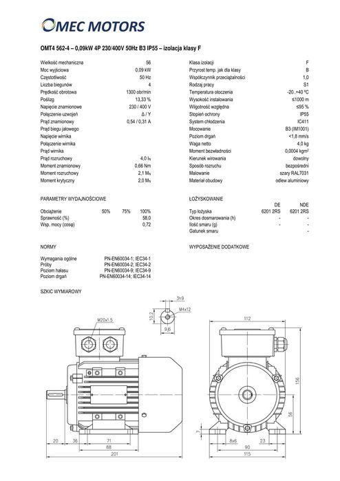 silnik elektryczny 0,09kW 1400obr. 3fazowy 56B3 OMT