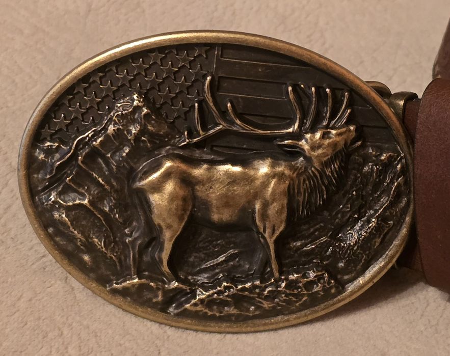 Pasek myśliwski skórzany brązowy JELEŃ byk Rykowisko. NOWY.