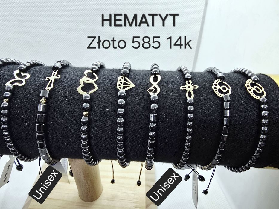 Bransoletki sznurkowe złoto 585 14k z Kamieniami Hematytu unisex