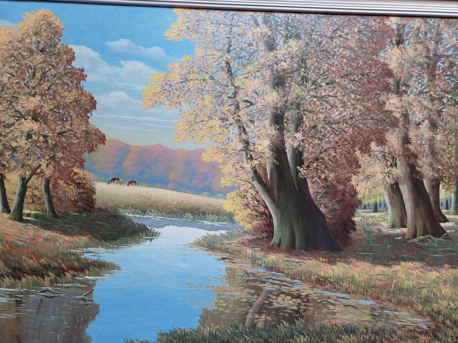 Stary obraz na płótnie sygnowany sarny