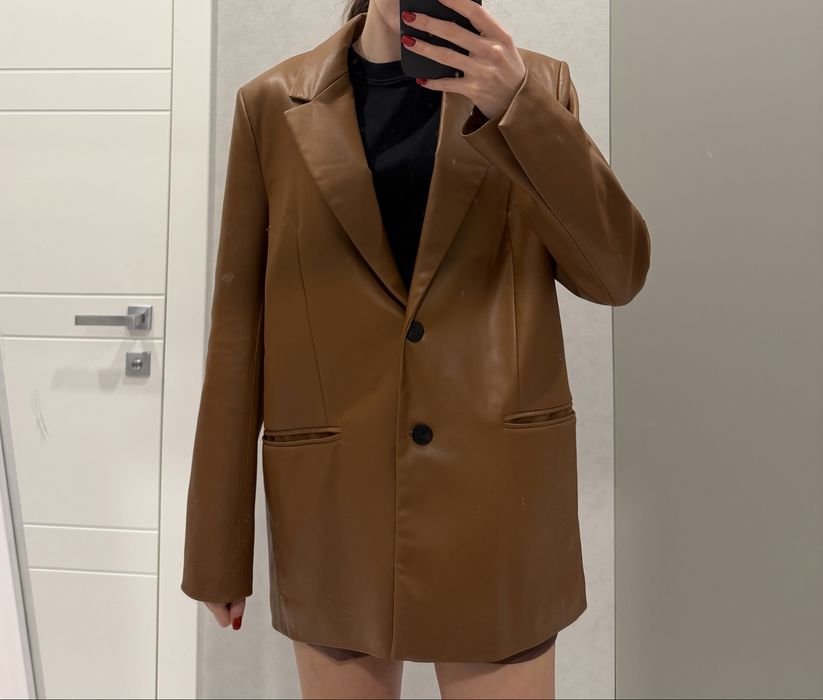 Пиджак кожанный Зара Zara коричневый
