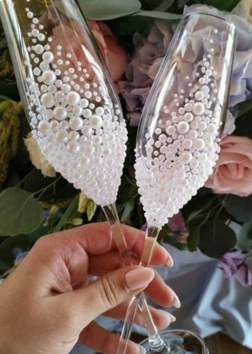 Жемчужные свадебные бокалы, весільні келихи  перлинами стразами Пишите