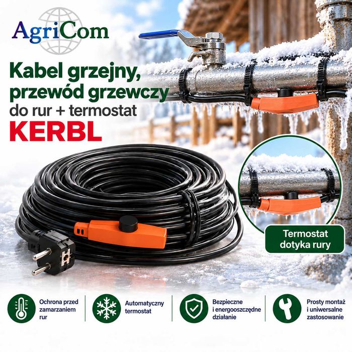 Kabel grzejny, przewód grzewczy do rur + termostat KERBL