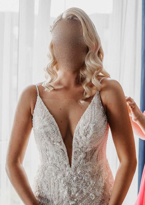 Luksusowa suknia ślubna rybka/syrenka, koronka z perełkami