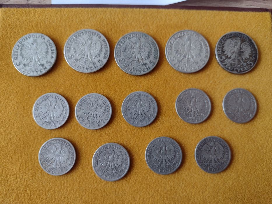 Monety głowa kobiety 5 złotych 2 złote srebro II RP