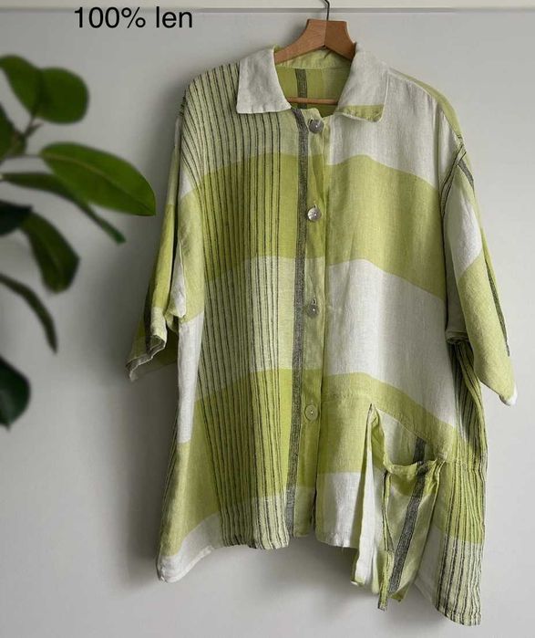 Lniana 100% len limonka koszula bluzka narzutka 6xl 54 56 pachy 152 cm