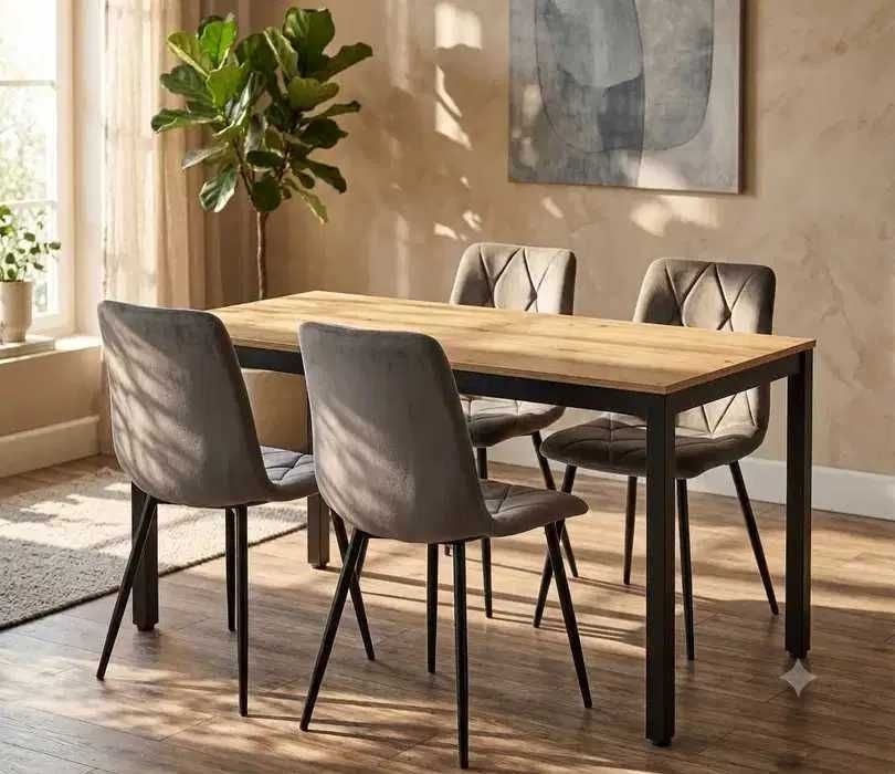 NOWY Zestaw Komplet Stół Z Krzesłami Do Salonu Jadalni Kuchni Krzesła Kuchenny Stoły Stolik 120 cm x 60 cm Dąb Artisan Welur Szare Lumines OKAZJA