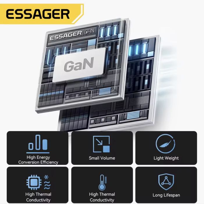Essager GaN 65W USB-C PD зарядний пристрій з висувним кабелем для iPhone,Samsung,Xiaomi