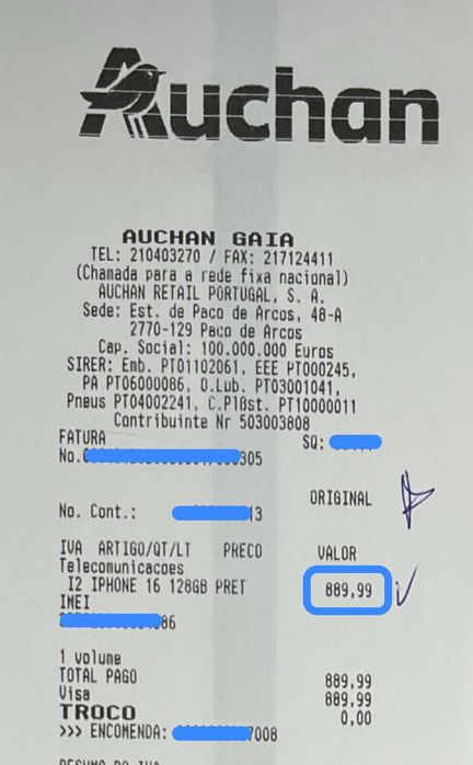 iPhone 16 128GB Preto NOVO + Caixa Selada | -20% | 680€
