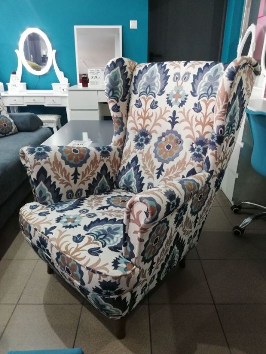 Zestaw fotel uszak + podnóżek hiszpańska tkanina wysyłka cała Polska