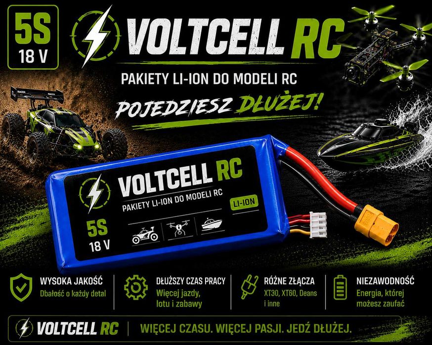 Pakiet Li-Ion 18650 Bateria RC 5S1P 18 V 3000mAh XT30 XT60 Deans | VOLTCELL Akumulator  FPV RC Gogle Dron
