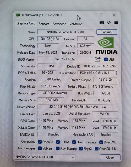 MSI rtx 3080 ventus 3x 10gb LHR