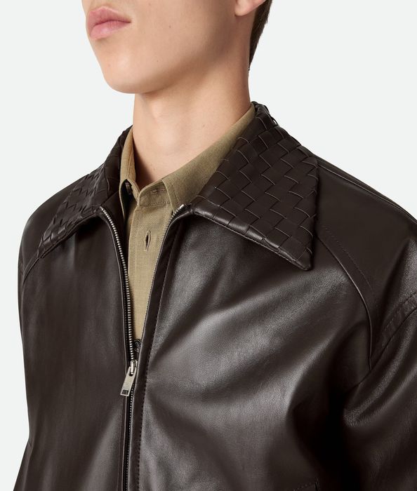 Чоловіча шкіряна куртка-бомбер Bottega Veneta Intrecciato Collar Brown (Коричнева брендова куртка з натур. шкіри) XL