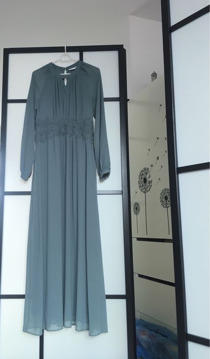 Błękitna, długa, elegancka, cienka sukienka, Zalando