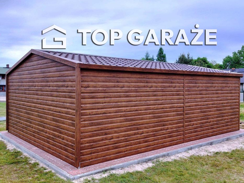 Garaż blaszany drewnopodobny z blachodachówką 4x6
