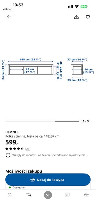 HEMNES Pótka ścienna, biała bejca, 148x37 cm Drewniana