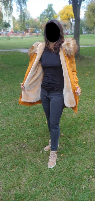 Kurtka parka musztardowa zima 2w1 z odpinanym futerkiem S'West M