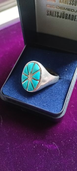 Zuni, Navajo, Vintage sygnet pierścionek srebro 925  naturalne turkusy